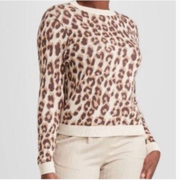A New Day Cream Brown Leopard Print Knit Crewneck Pullover Sweater Size Small - Picture 10 of 11